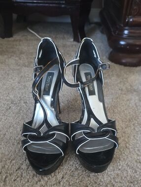 White House Black Market Black Patent Strappy Platform Heels with White Trim